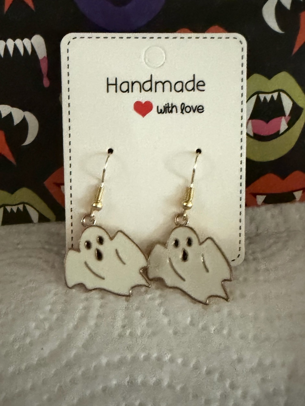 Handmade Gold-Tone White Ghost Drop Earrings - Women Jewelry - Picture 3 of 7